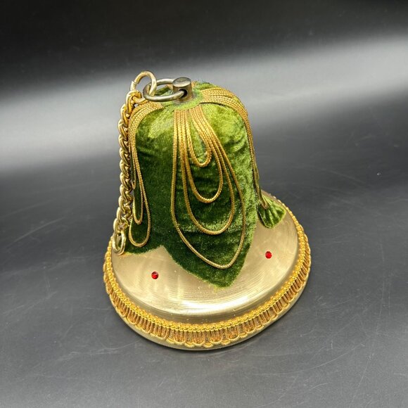 Vintage Green Velvet Gold Christmas Bell Music Box Hanging Decoration Japan - Picture 1 of 11